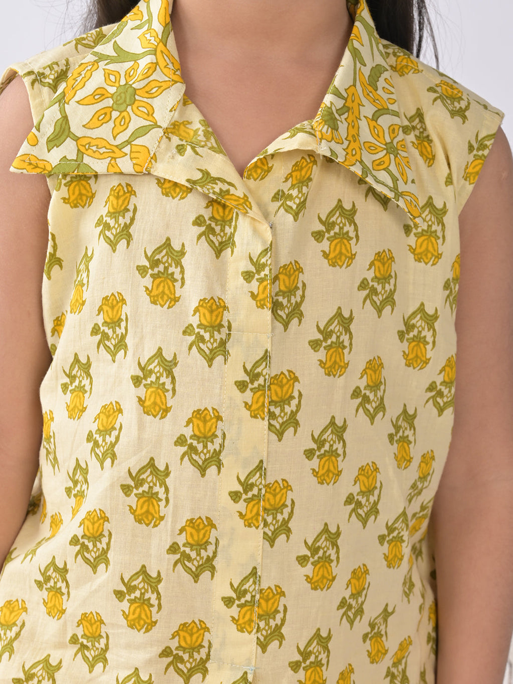 Yellow Floral shirt style Kurti with yellow katha dhoti