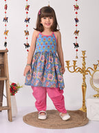 Blue Floral halter style Kurti with pink  dhoti