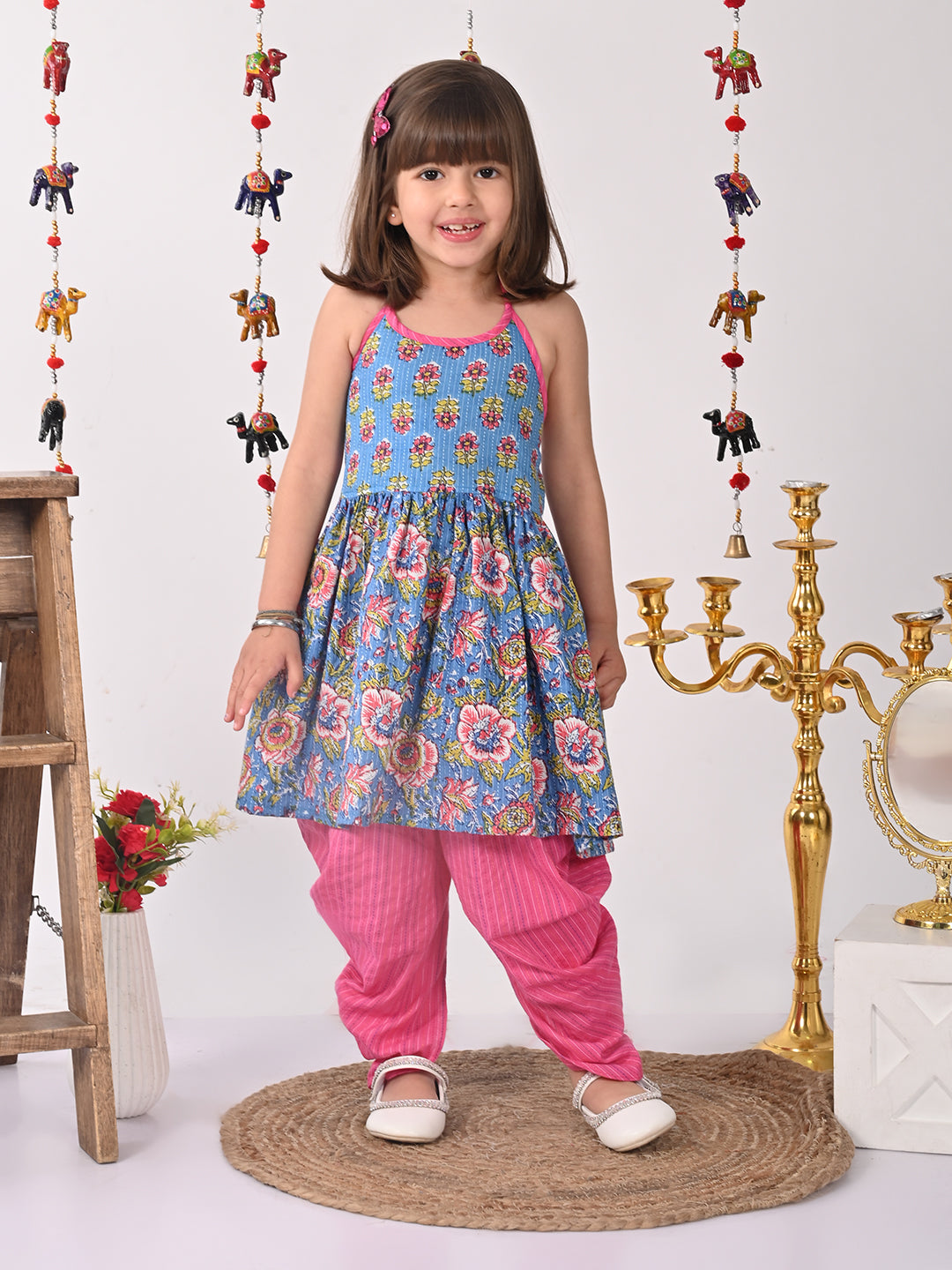Blue Floral halter style Kurti with pink  dhoti