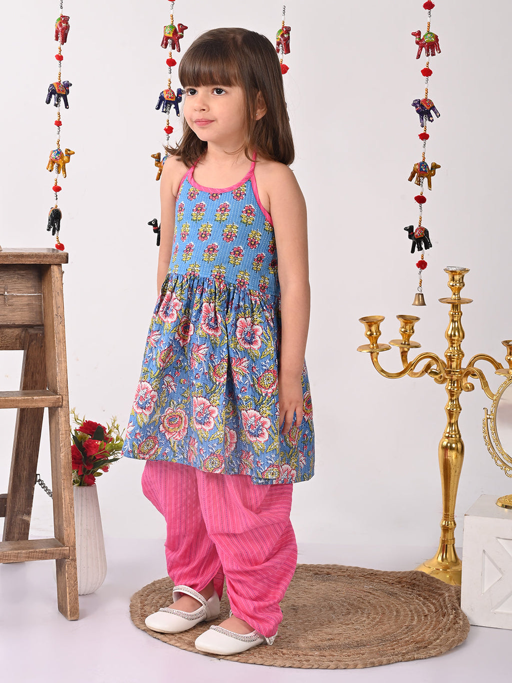 Blue Floral halter style Kurti with pink  dhoti