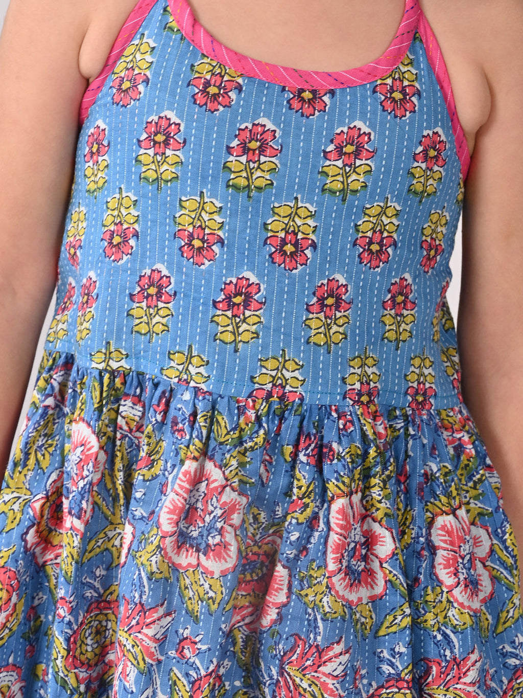Blue Floral halter style Kurti with pink  dhoti