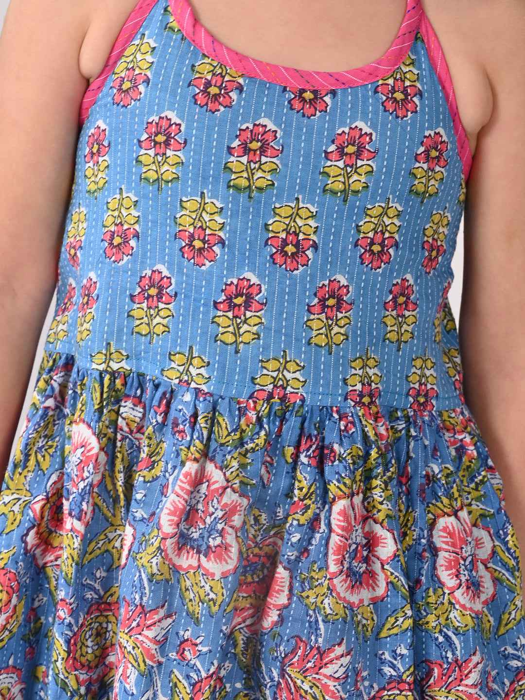Blue Floral halter style Kurti with pink  dhoti