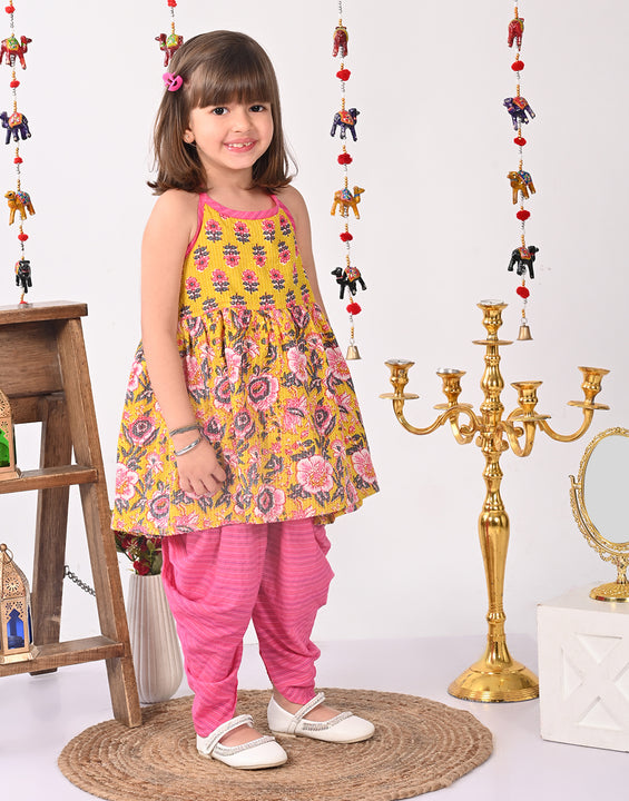 Yellow Floral halter style Kurti with pink  dhoti