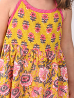 Yellow Floral halter style Kurti with pink  dhoti