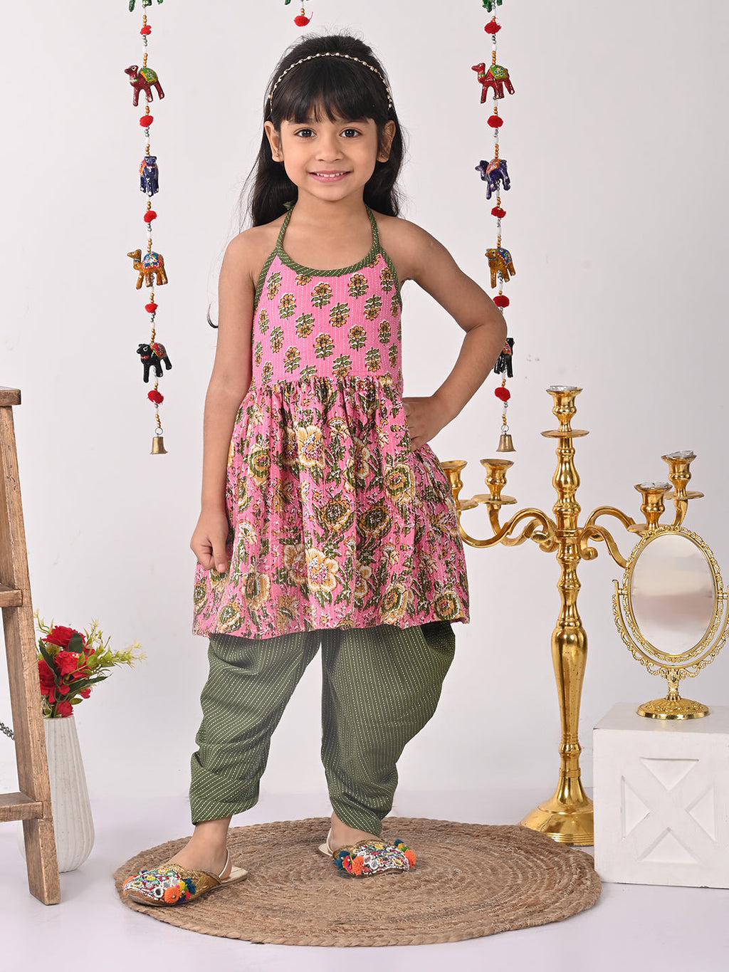 Pink Floral halter style Kurti with green  dhoti