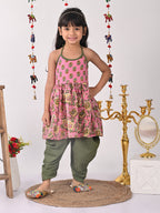 Pink Floral halter style Kurti with green  dhoti