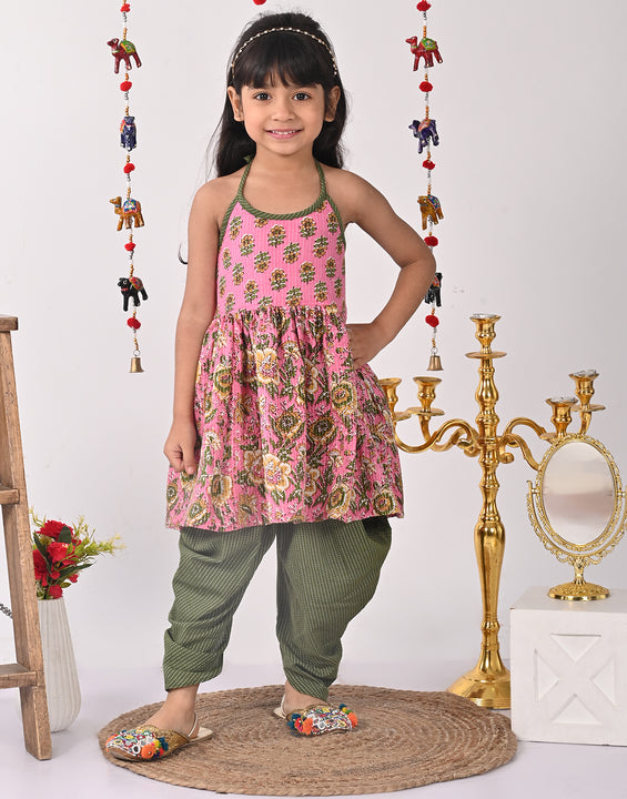 Pink Floral halter style Kurti with green  dhoti