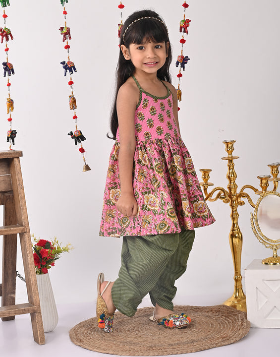 Pink Floral halter style Kurti with green  dhoti