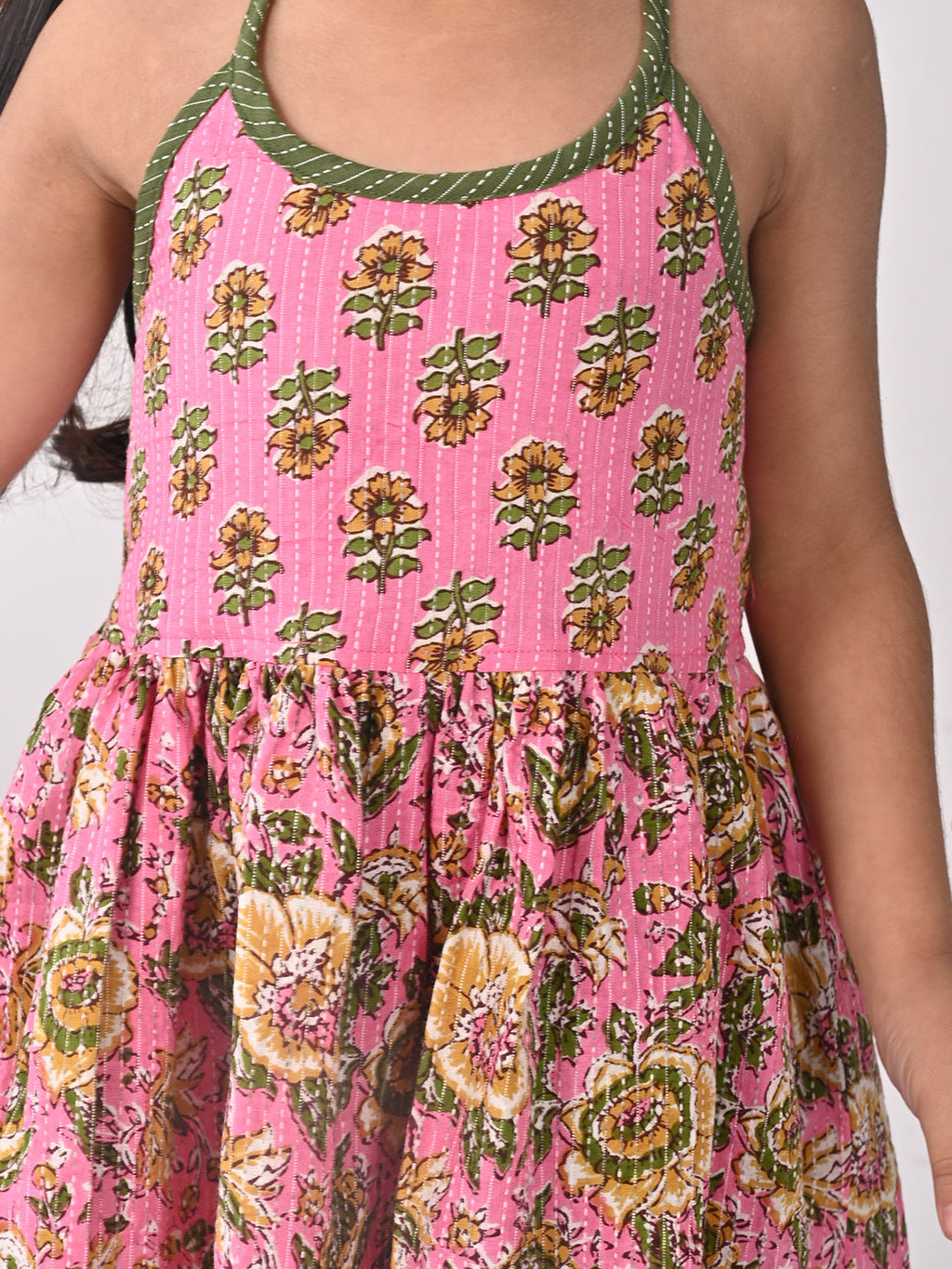 Pink Floral halter style Kurti with green  dhoti