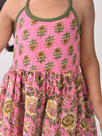 Pink Floral halter style Kurti with green  dhoti