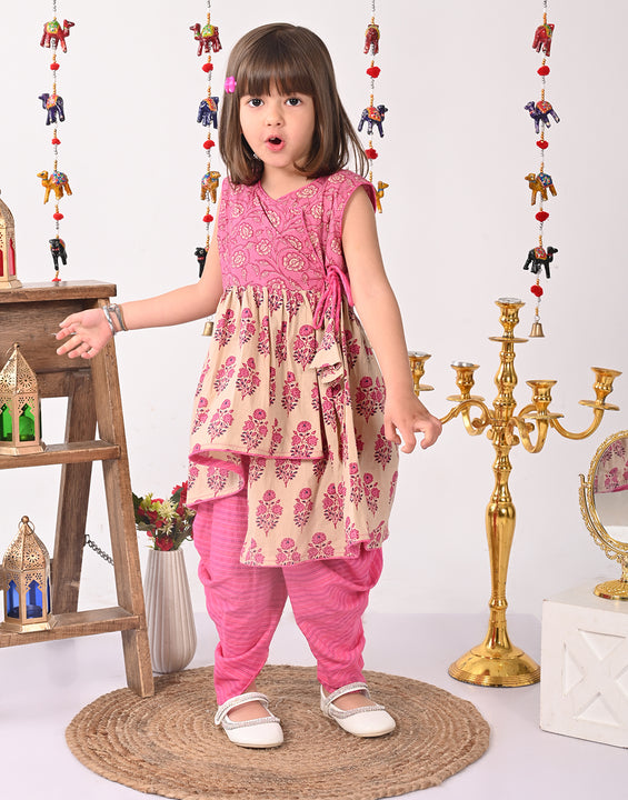 Pink and white printed high low Kurti with pink  dhoti