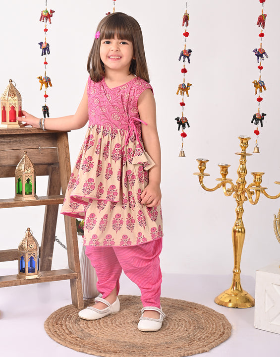 Pink and white printed high low Kurti with pink  dhoti