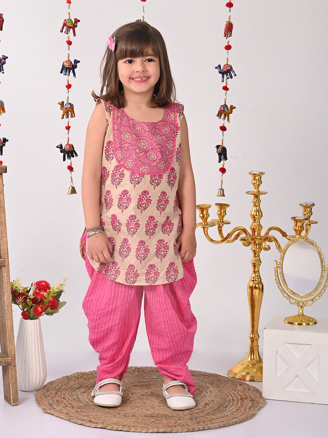 Pink and white printed Kurti with pink  dhoti