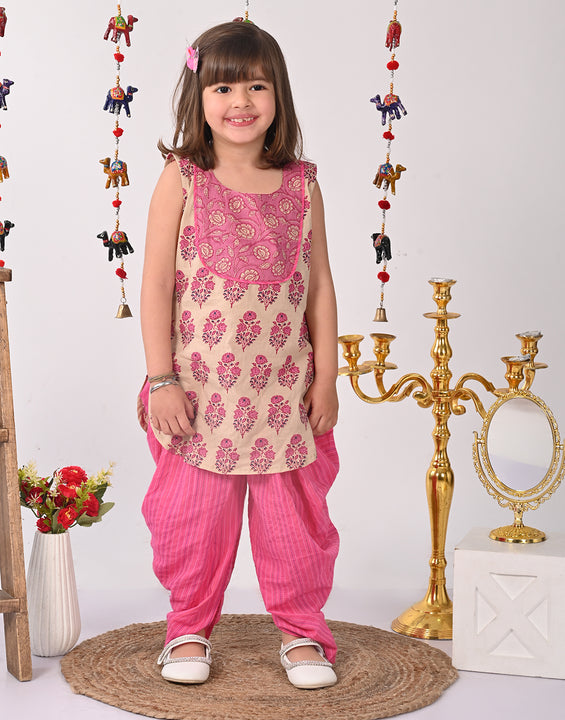 Pink and white printed Kurti with pink  dhoti