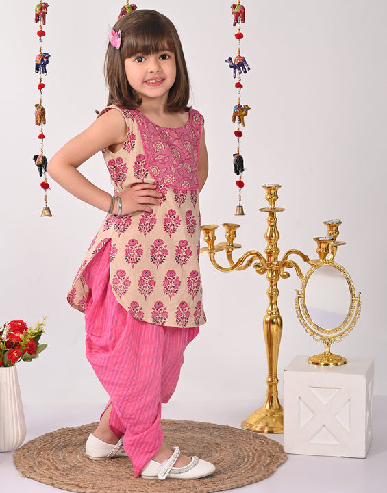 Pink and white printed Kurti with pink  dhoti