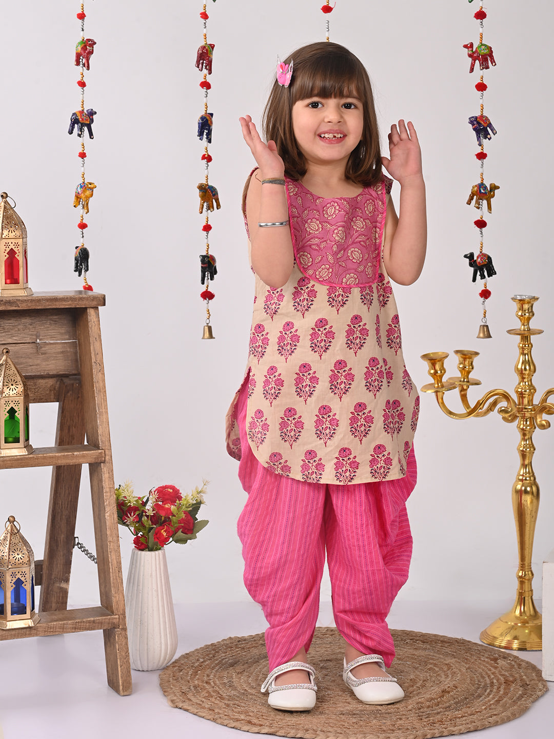 Pink and white printed Kurti with pink  dhoti