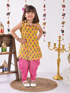 Yellow Floral shirt style Kurti with pink  dhoti