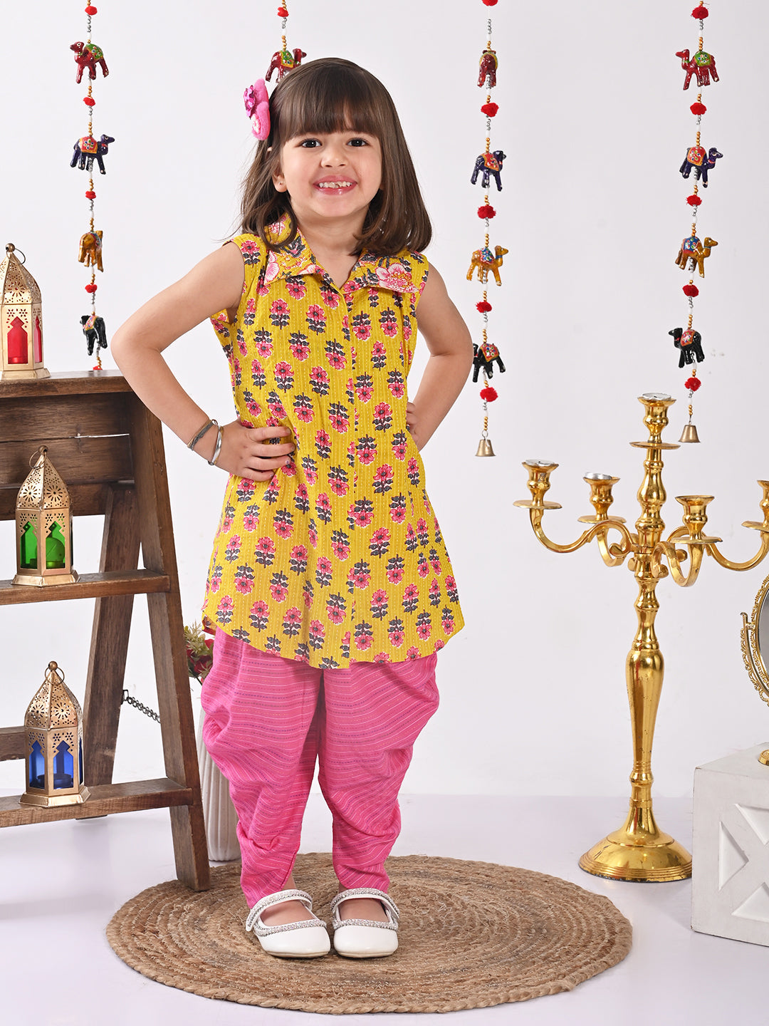 Yellow Floral shirt style Kurti with pink  dhoti