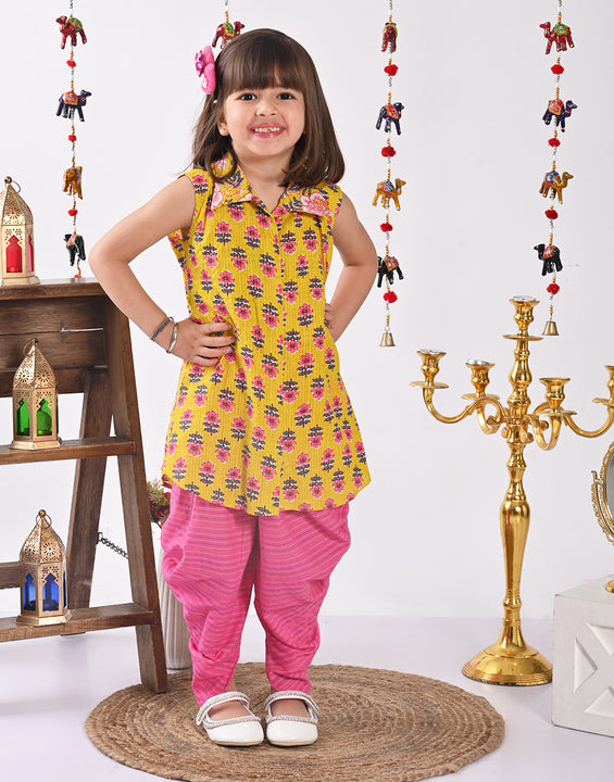 Yellow Floral shirt style Kurti with pink  dhoti