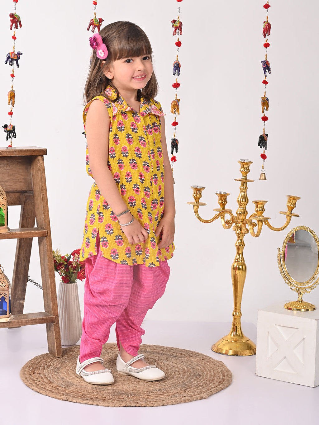 Yellow Floral shirt style Kurti with pink  dhoti