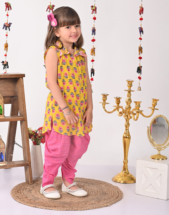 Yellow Floral shirt style Kurti with pink  dhoti