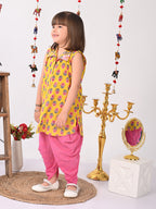 Yellow Floral shirt style Kurti with pink  dhoti
