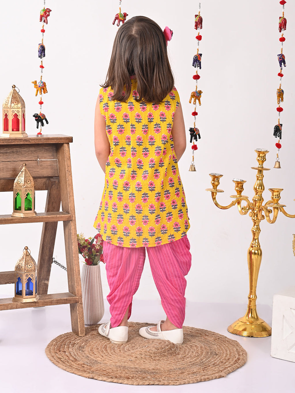 Yellow Floral shirt style Kurti with pink  dhoti