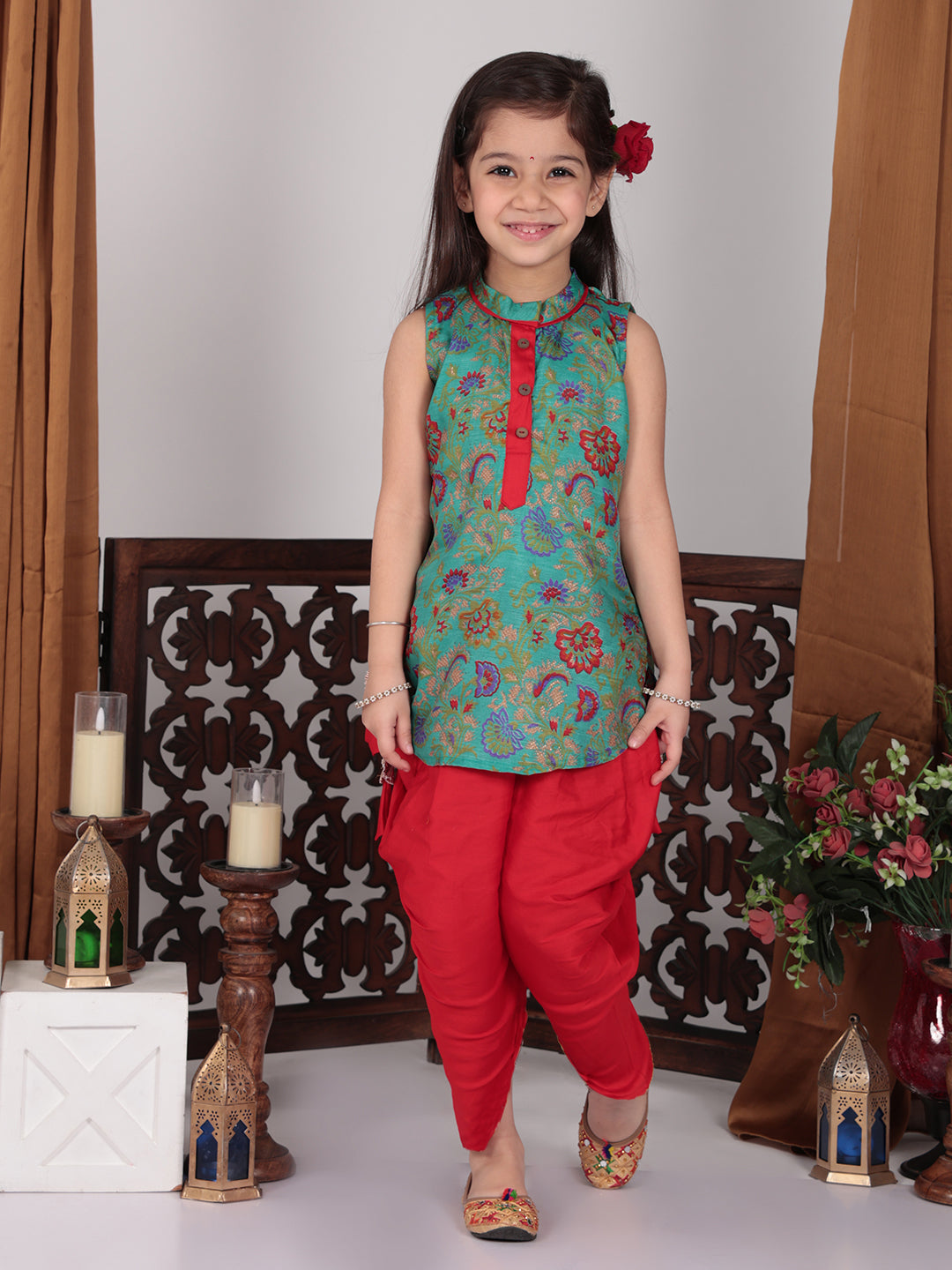 Green Muslin Kurti with Red Dhoti