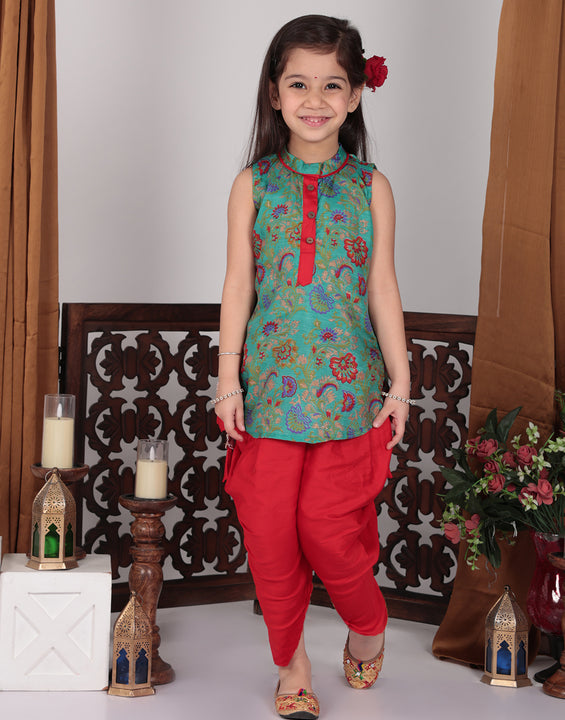 Green Muslin Kurti with Red Dhoti