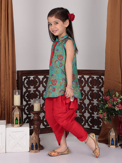 Green Muslin Kurti with Red Dhoti