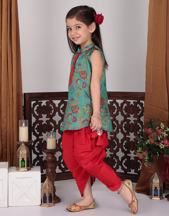 Green Muslin Kurti with Red Dhoti