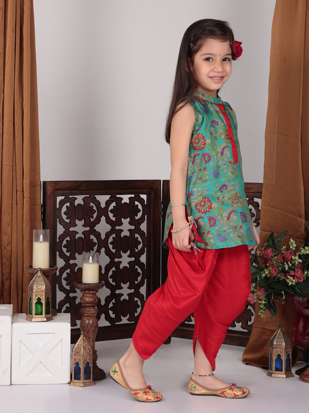 Green Muslin Kurti with Red Dhoti