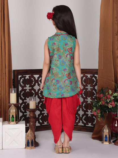 Green Muslin Kurti with Red Dhoti