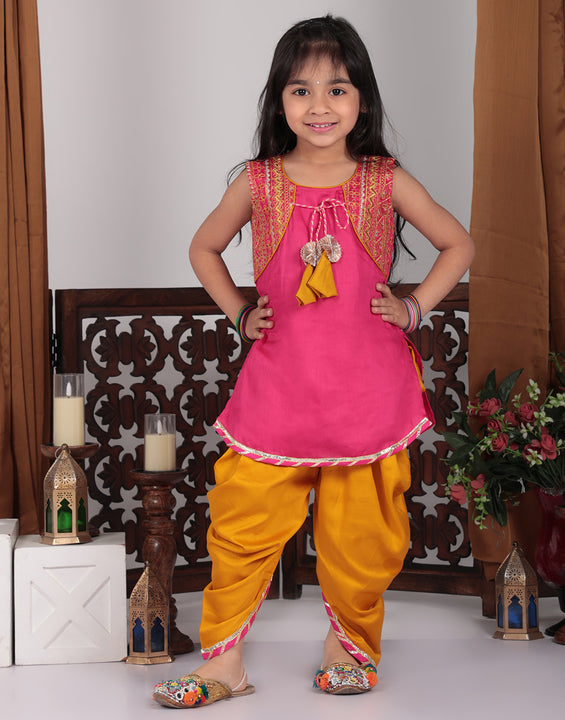 Pink embroidered attached jacket kurti with yellow dhoti