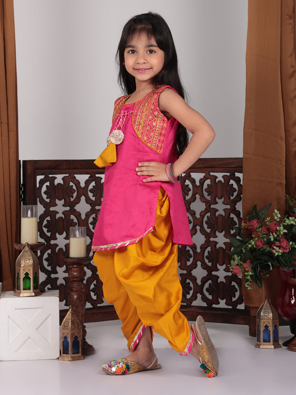 Pink embroidered attached jacket kurti with yellow dhoti