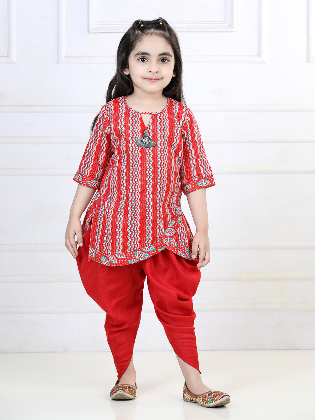 Red Katha Printed Kurta with Dhoti