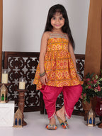 Yellow sleeveless kurti with pink dhoti