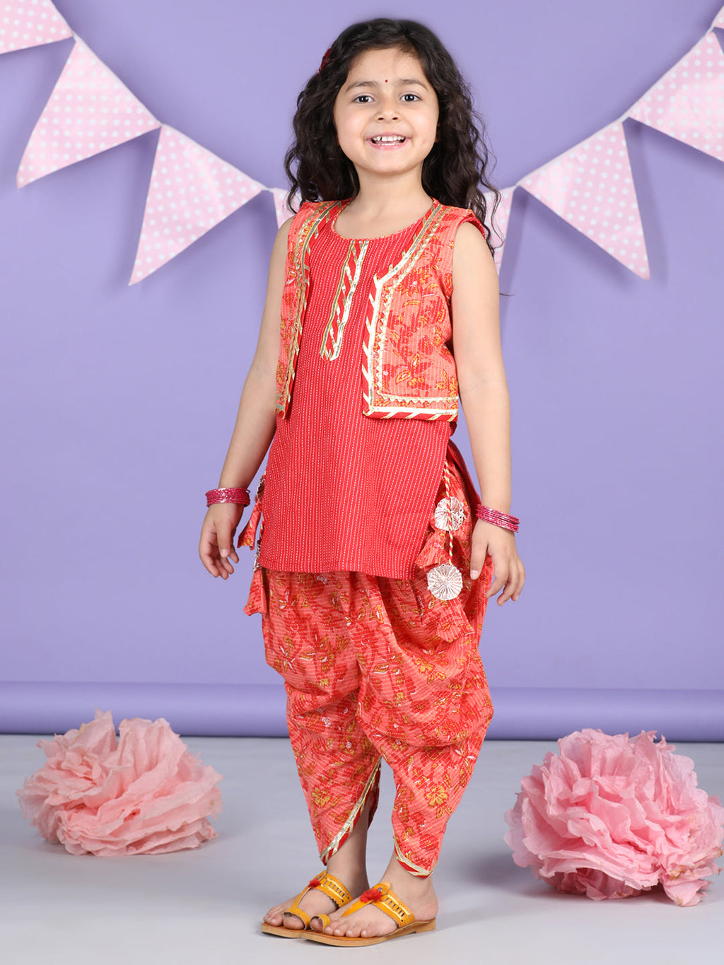 Peach Floral printed & Red Kurti Jacket dhoti set