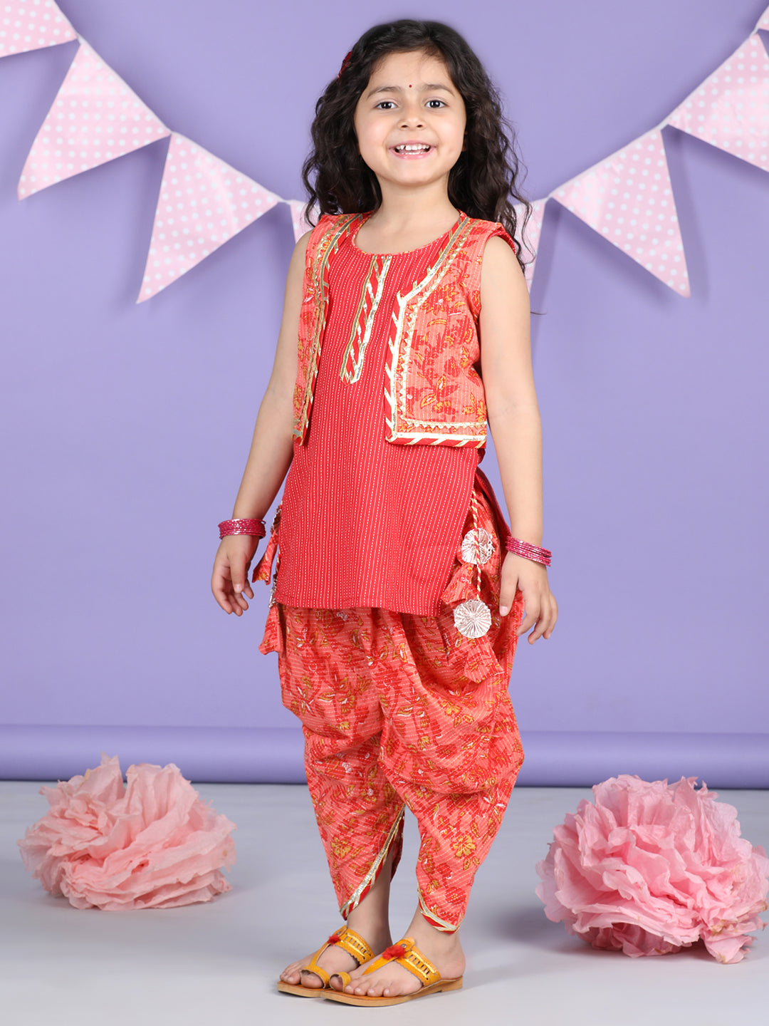 Peach Floral printed & Red Kurti Jacket dhoti set