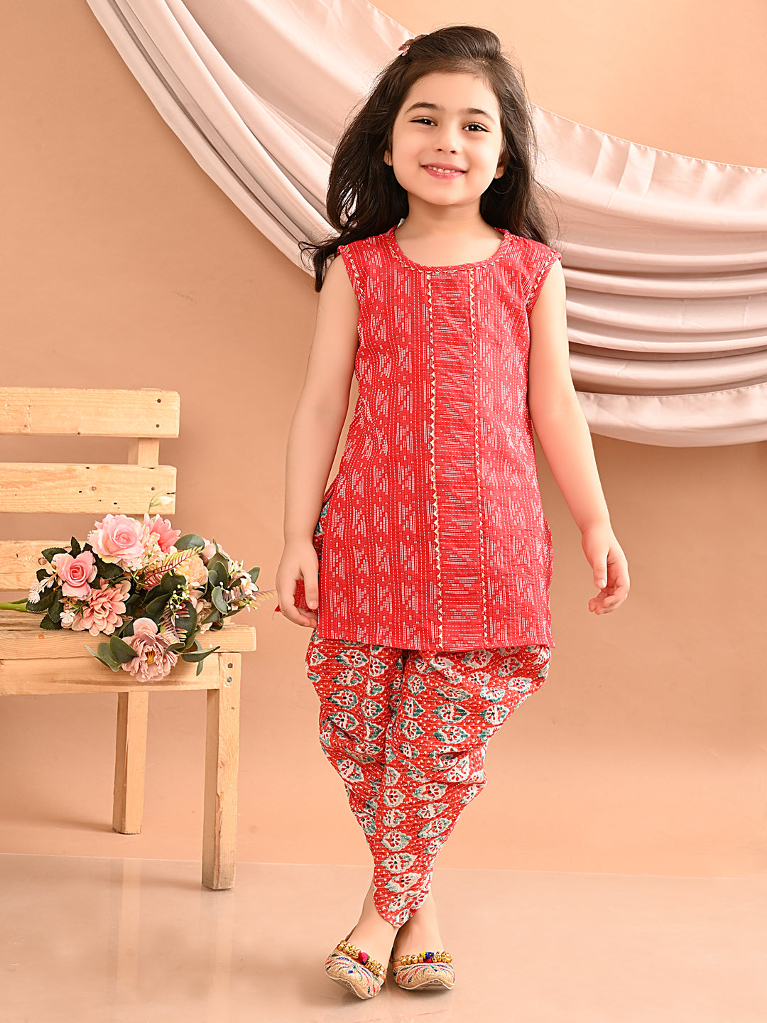 Red kurti with printed katha Dhoti