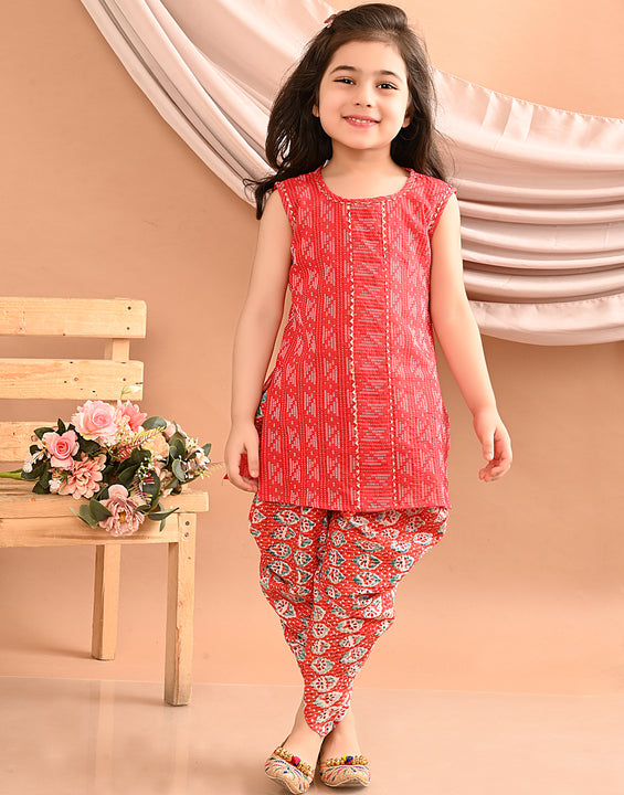 Red kurti with printed katha Dhoti