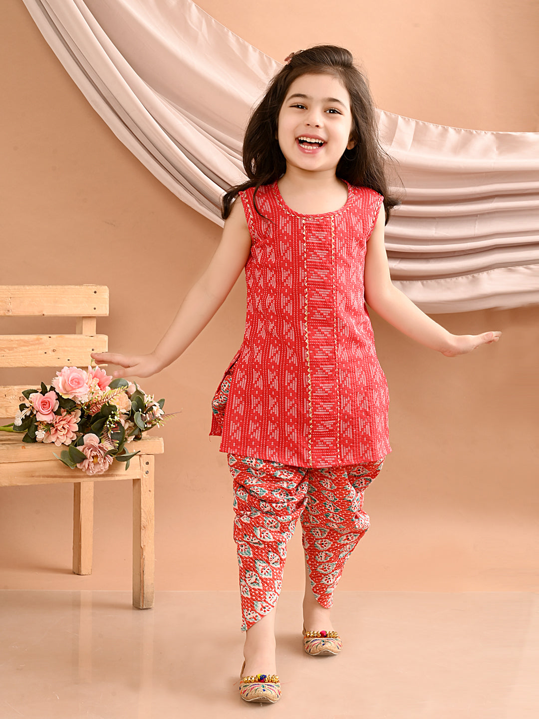 Red kurti with printed katha Dhoti