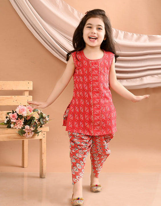 Red kurti with printed katha Dhoti