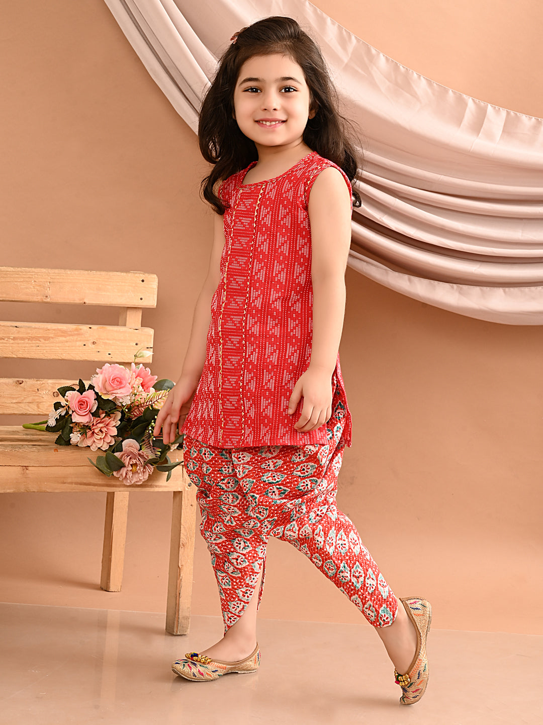 Red kurti with printed katha Dhoti