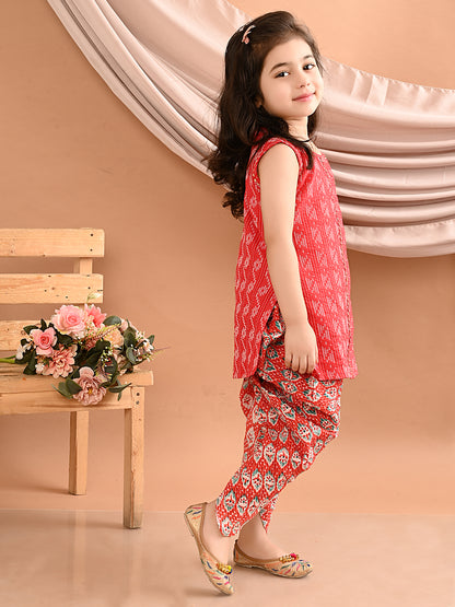 Red kurti with printed katha Dhoti