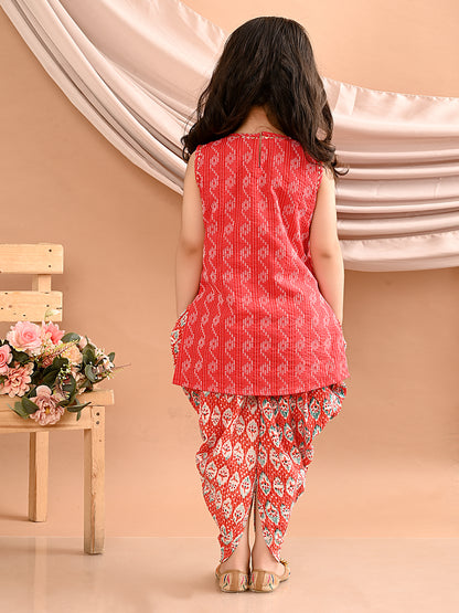 Red kurti with printed katha Dhoti