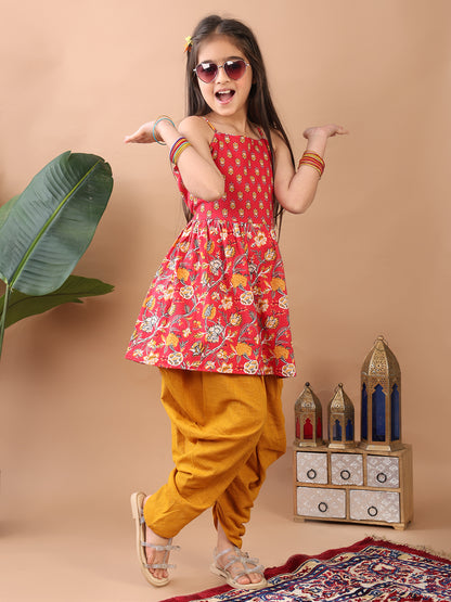 Red Floral  printed sleeveless Kurti  paired with Yellow Dhoti