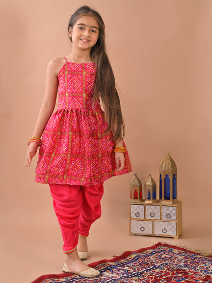 Pink Bandez printed sleeveless Kurti  paired with Pink Dhoti