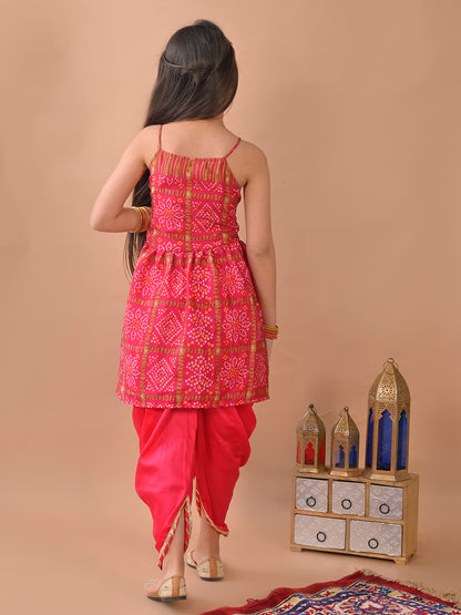 Pink Bandez printed sleeveless Kurti  paired with Pink Dhoti