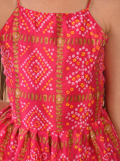 Pink Bandez printed sleeveless Kurti  paired with Pink Dhoti